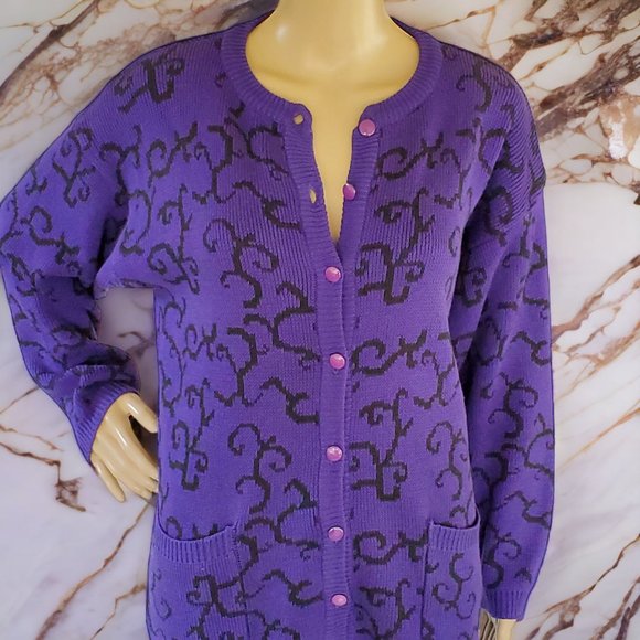 Jimmy Garcia Cardigan Sweater Women's M Purple Black Long Sleeve Button Acrylic - Picture 6 of 11